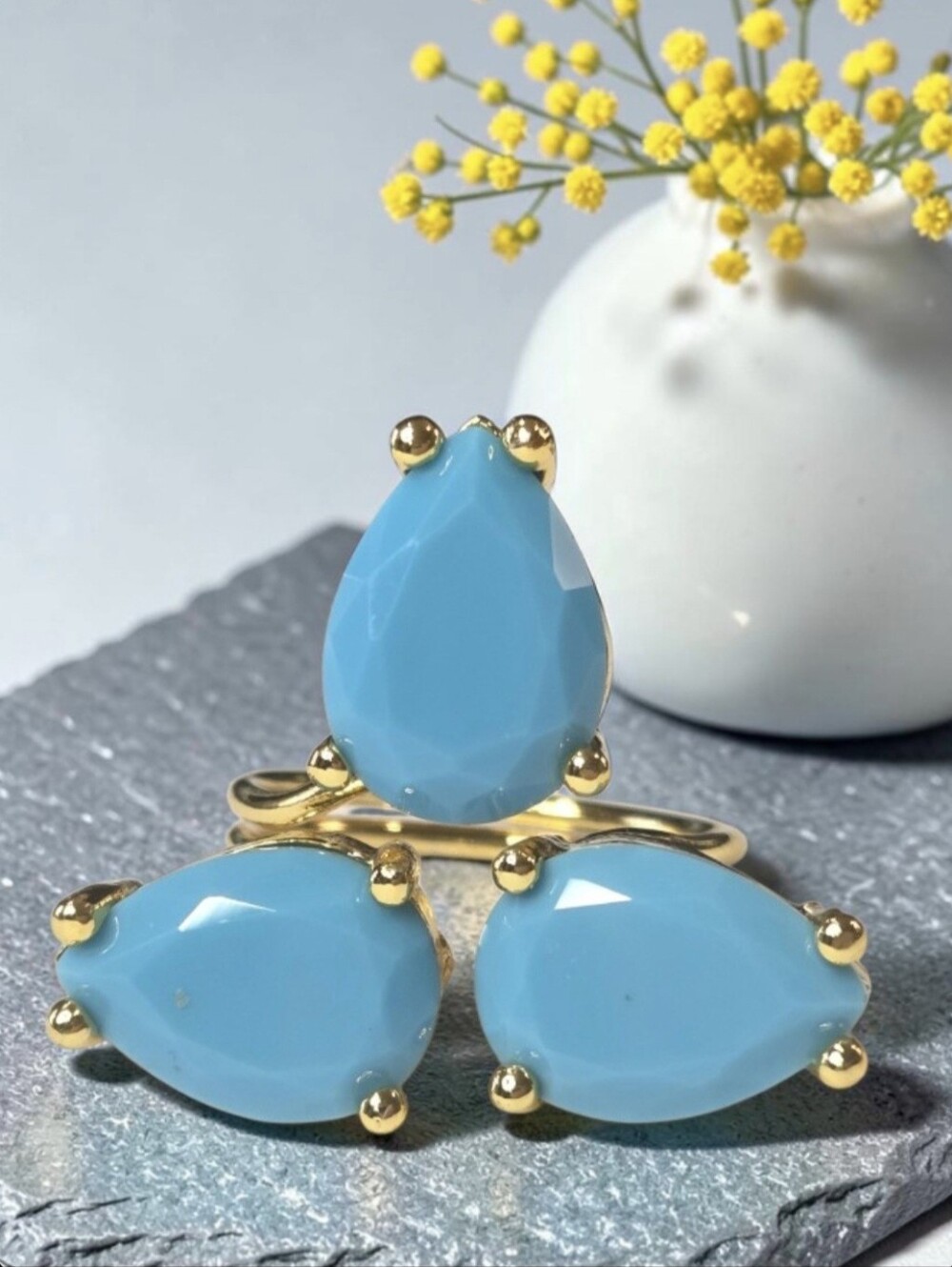 18k Gold Plated Teardrop Turquoise Triple Stone Cocktail Ring